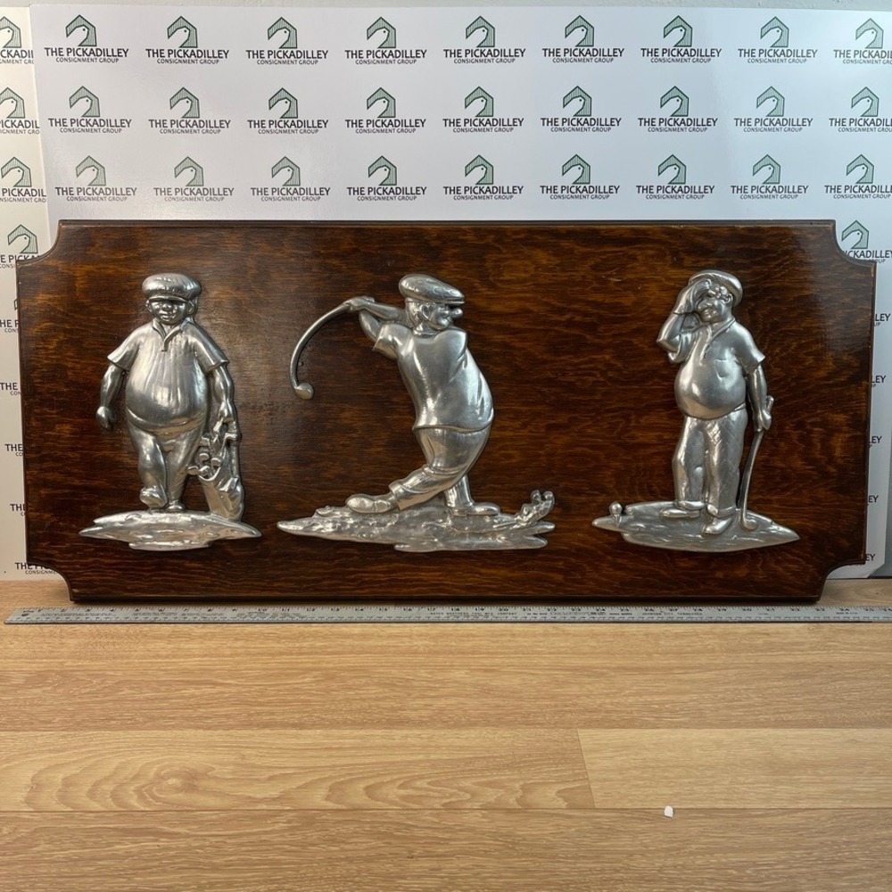Vintage 3D Golf Wall Plaque Large Wood & Pewter Metal Figures 33.5" Sports Decor